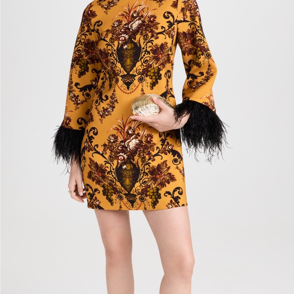 Floral Print Mini Dress with Ostrich Feather Trim - Mustard
